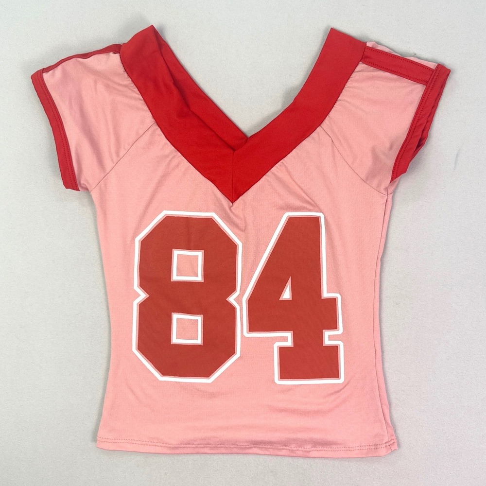 Ragdoll Pink Red 84 Graphic Jersey V-Neck Short Sleeve Top Womens Medium RT11269